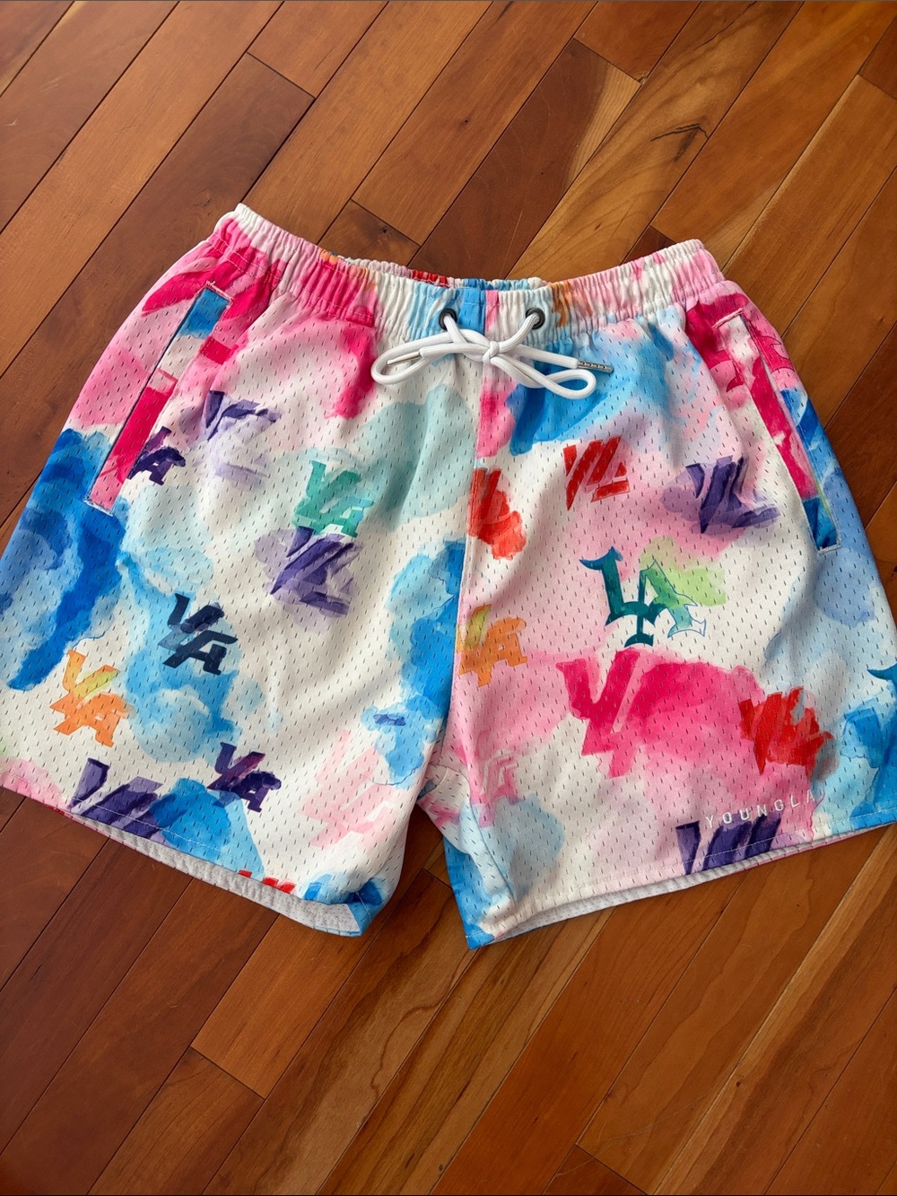 YoungLA Multicolor Watercolor Print Mesh Shorts - Pink/Blue Medium